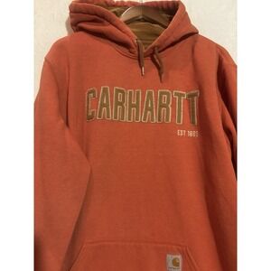 Carhartt Men's Hoodie Loose Fit XL Tall Tan Felt Logo Orange Sweatshirt Pullover